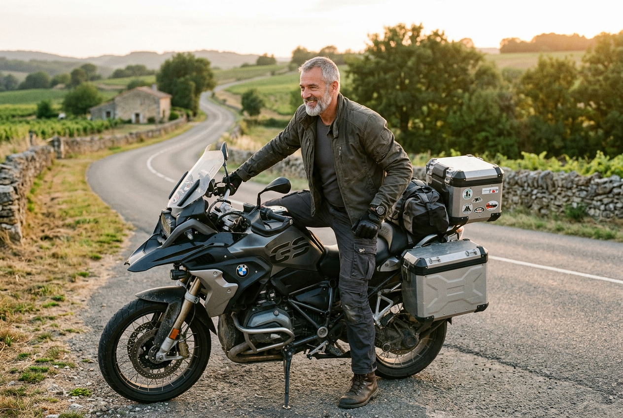 Fahrer steigt entspannt aufs Motorrad