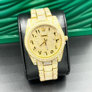 Premium Rolex-Inspired Diamond Watch – Gold Finish, Arabic Numbers, Hip-Hop Vibe